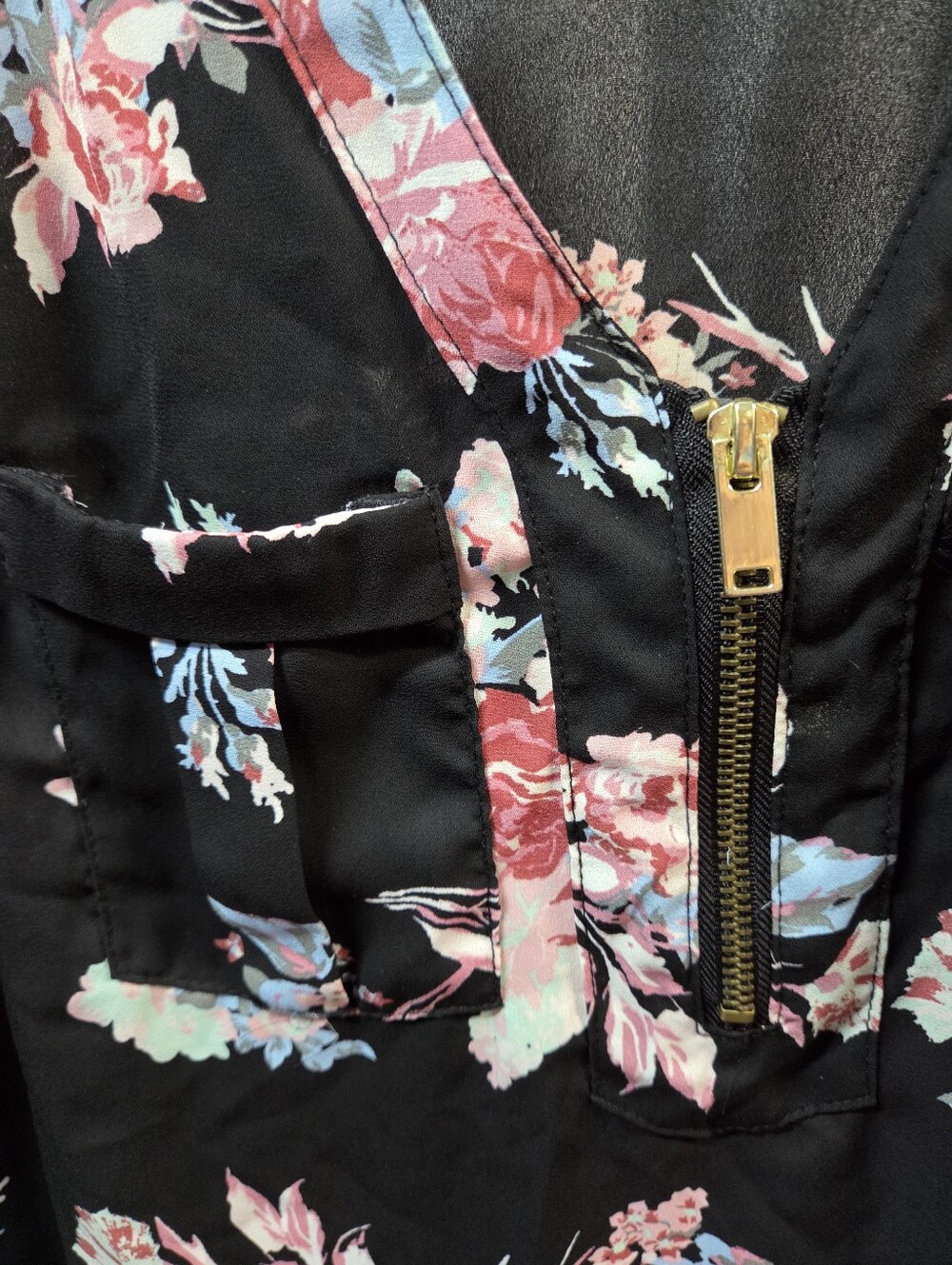 Rue21 Black Floral Zip-Front Blouse - Picture 2 of 5